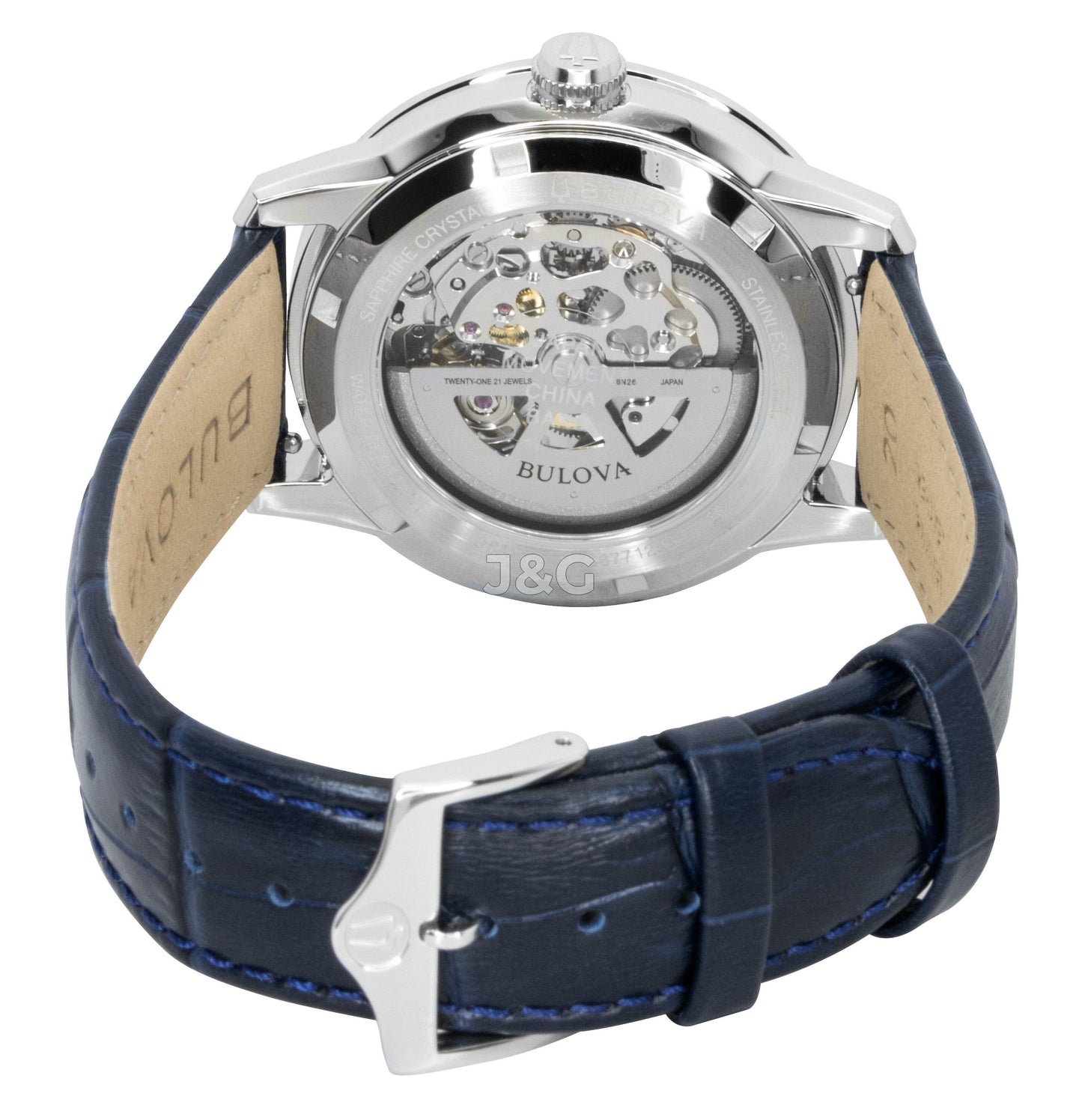 Bulova Sutton Automatic movement Blue Leather Male 96A330. A brand-new Bulova Sutton watch featuring a Blue dial and a Leather strap. Side view. - view 4