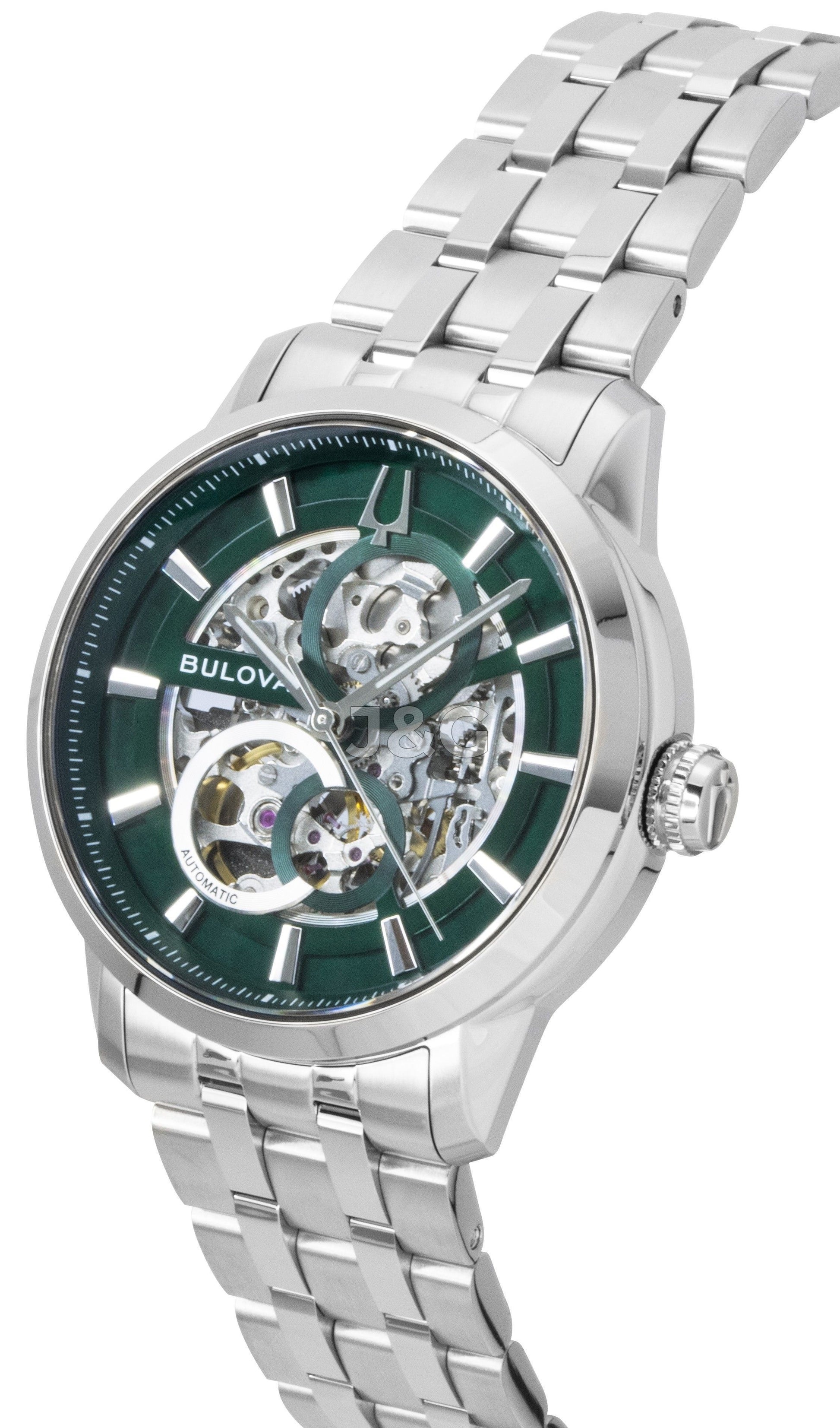 Bulova Sutton Automatic movement White Stainless steel Male 96A329. A brand-new Bulova Sutton watch featuring a White dial and a Stainless steel strap. Side view. - view 3