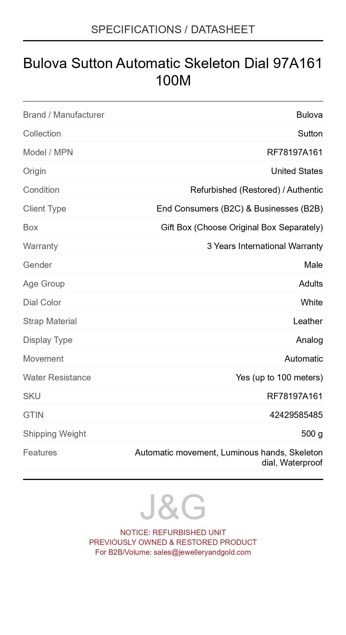 Bulova Sutton Automatic Skeleton Dial 97A161 100M. A professionally refurbished Bulova Sutton watch featuring a White dial and a Leather strap. Front view. - MAIN_PH