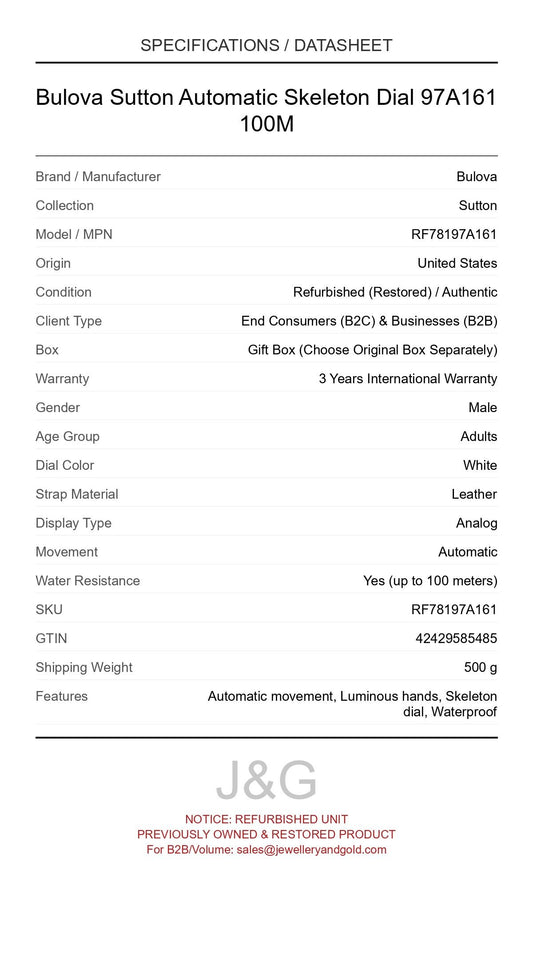 Bulova Sutton Automatic Skeleton Dial 97A161 100M. A professionally refurbished Bulova Sutton watch featuring a White dial and a Leather strap. Front view. - MAIN_PH