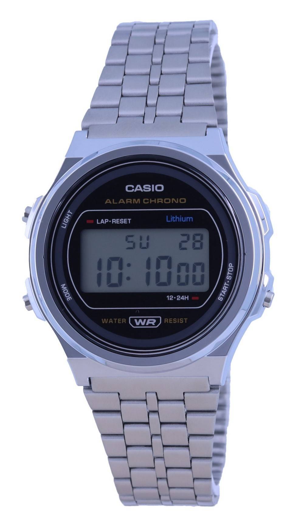 Casio A171 Vintage Stainless Steel Resin Digital A171WE-1. A brand-new Casio Vintage watch featuring a Stainless steel strap. Side view.