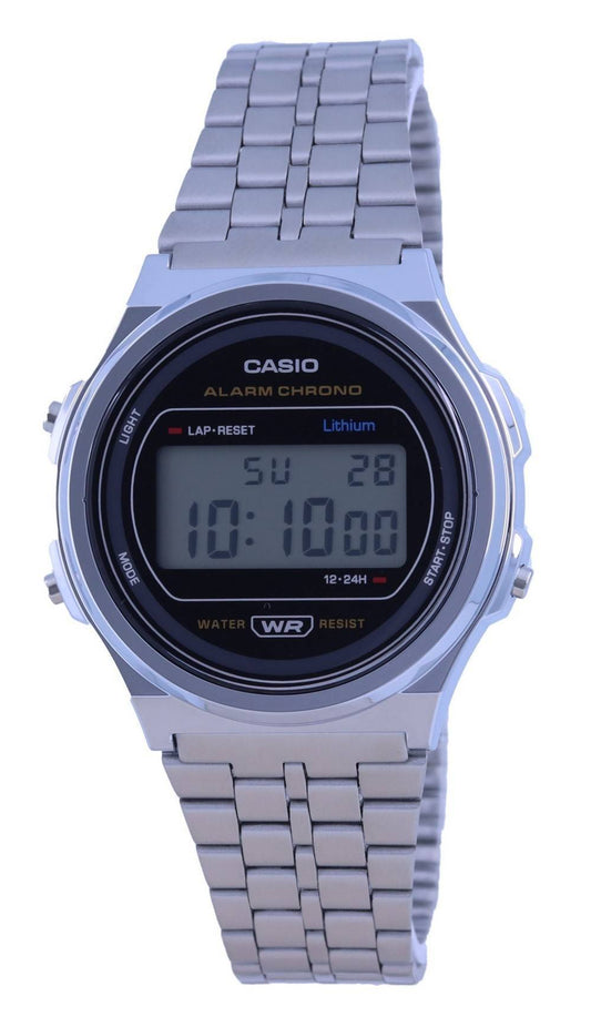 Casio A171 Vintage Stainless Steel Resin Digital A171WE-1. A brand-new Casio Vintage watch featuring a Stainless steel strap. Side view.