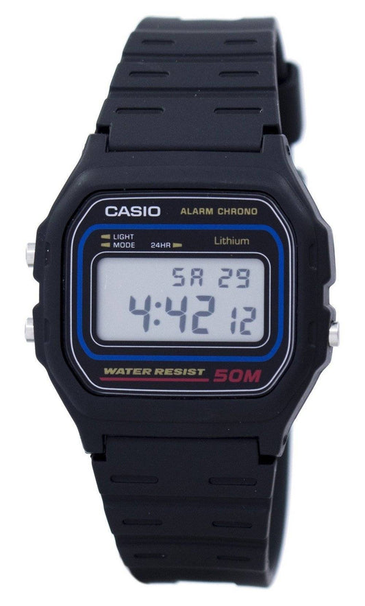 Casio Alarm Chrono Digital W59-1VQ Stainless Steel. A brand-new Casio watch. Angled view.