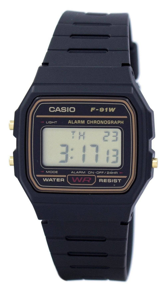 Casio Alarm Chronograph Digital F91WG-9S Water Resistant. A brand-new Casio watch. Side view.