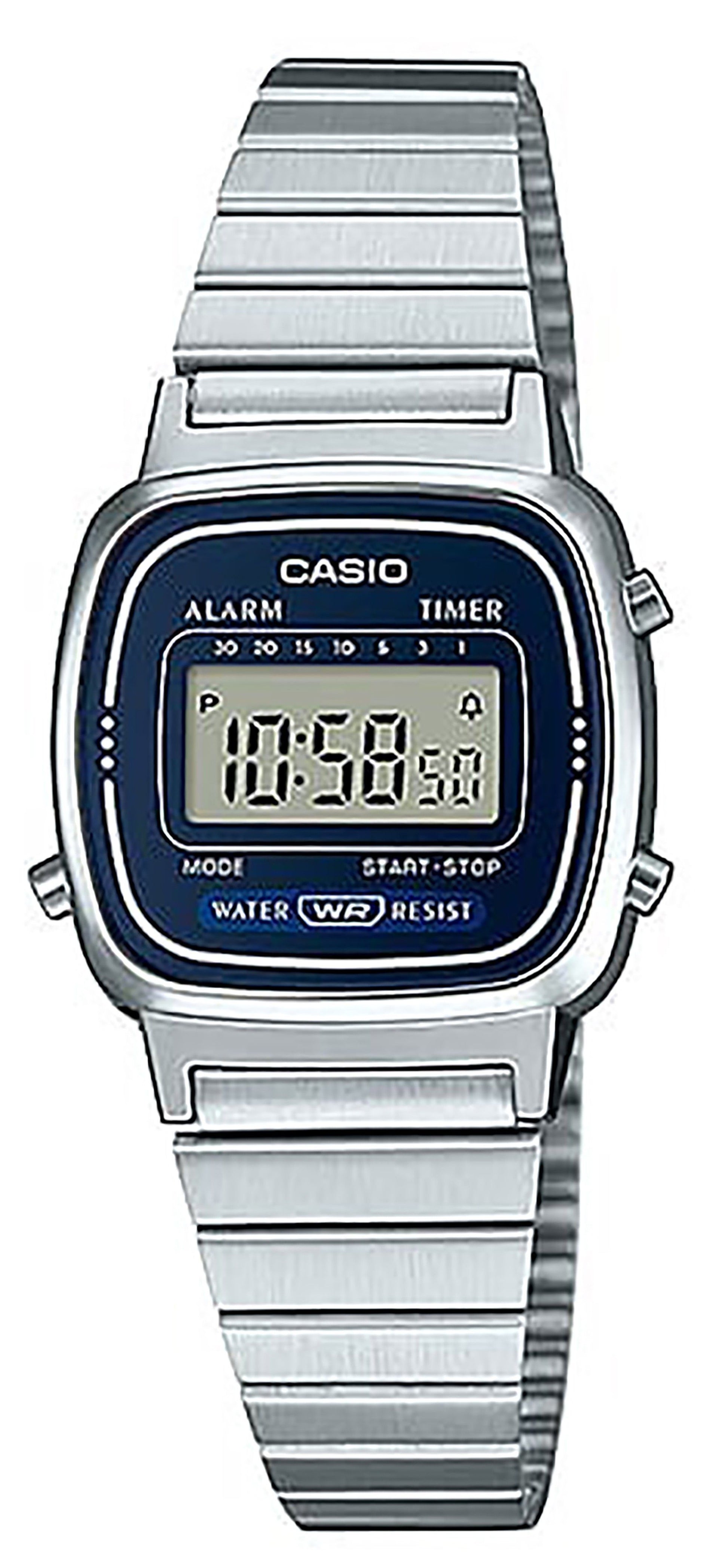 Casio Alarm Digital LA670WA-2D Wo Stainless Steel. A brand-new Casio watch featuring a Stainless steel strap. Side view.