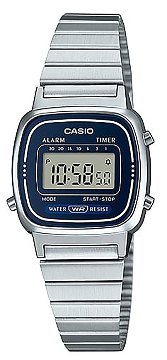 Casio Alarm Digital LA670WA-2D Wo Stainless Steel. A brand-new Casio watch featuring a Stainless steel strap. Side view.