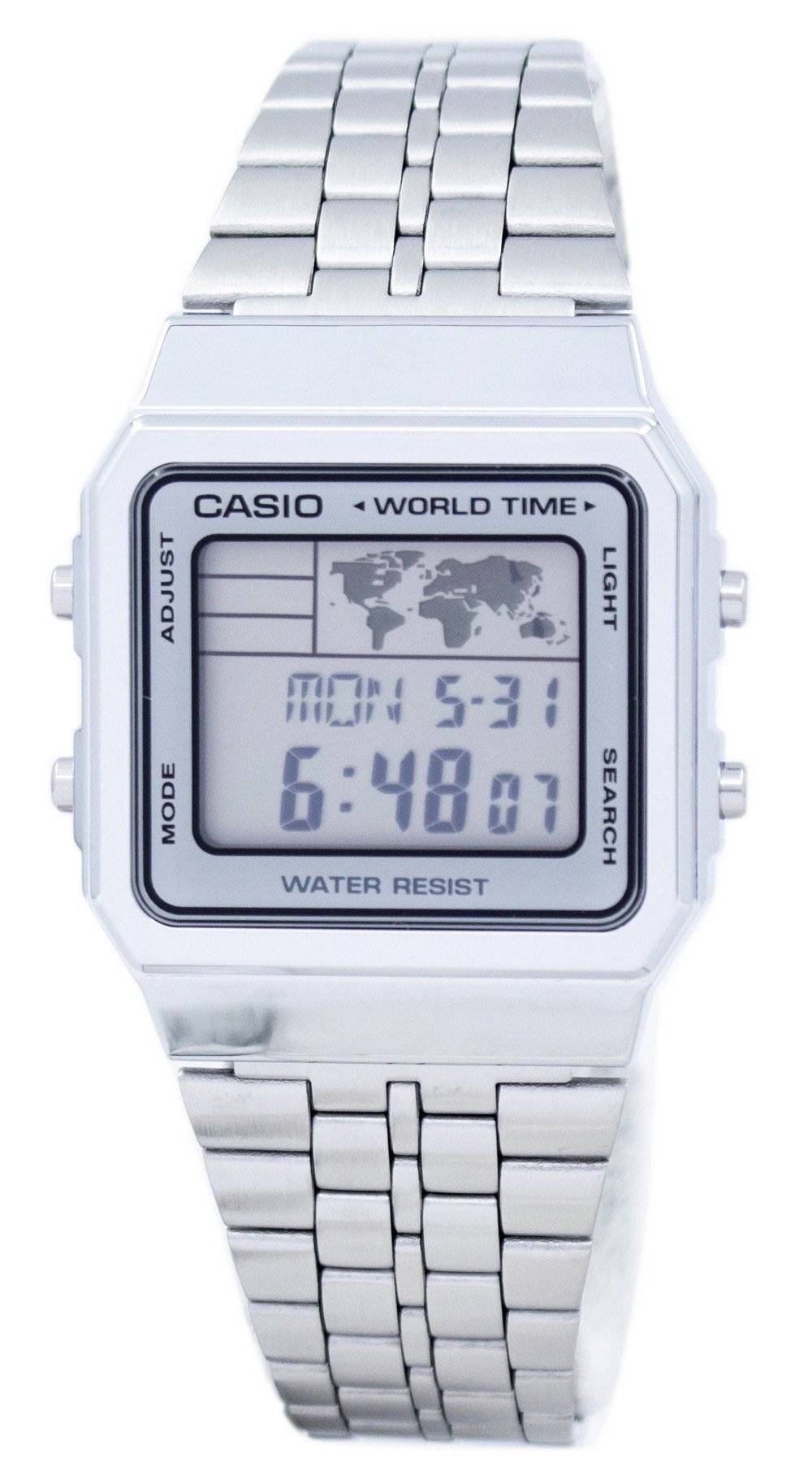 Casio Alarm World Time Digital Stainless Steel. A brand-new Casio watch featuring a Stainless steel strap. Front view.