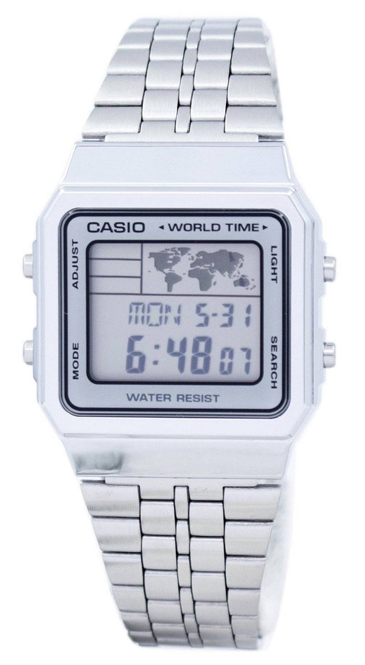 Casio Alarm World Time Digital Stainless Steel. A brand-new Casio watch featuring a Stainless steel strap. Front view.