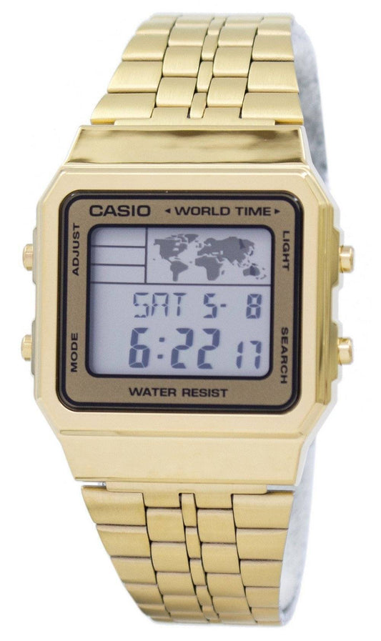 Casio Alarm World Time Digital Stainless Steel. A brand-new Casio watch featuring a Stainless steel strap. Front view.
