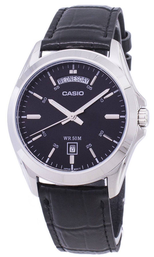Casio Analog Black Dial MTP-1370L-1AV Stainless Steel. A brand-new Casio watch featuring a Black dial and a Leather strap. Side view.