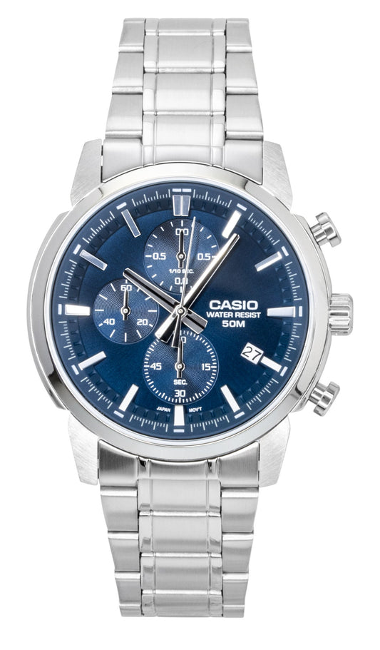 Casio Analog Chronograph Stainless Steel Blue Dial Quartz. A brand-new Casio watch featuring a Blue dial and a Stainless steel strap. Angled view.