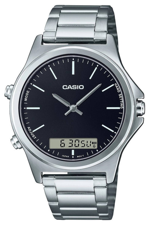 Casio Analog Digital Black Dial Stainless Steel MTPVC01D-1. A brand-new Casio watch featuring a Black dial and a Stainless steel strap. Side view.