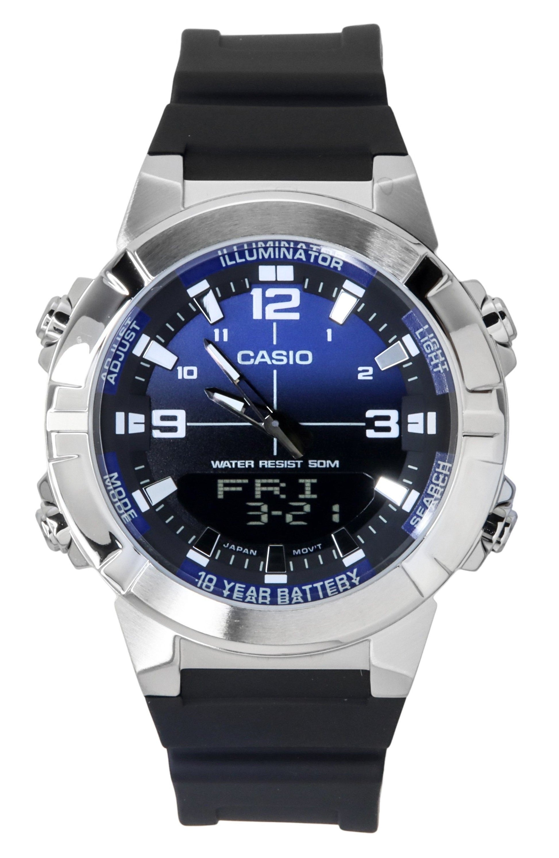 Casio Analog Digital Combination Resin Strap Blue Dial. A brand-new Casio watch featuring a Blue dial and a Stainless steel strap. Front view.