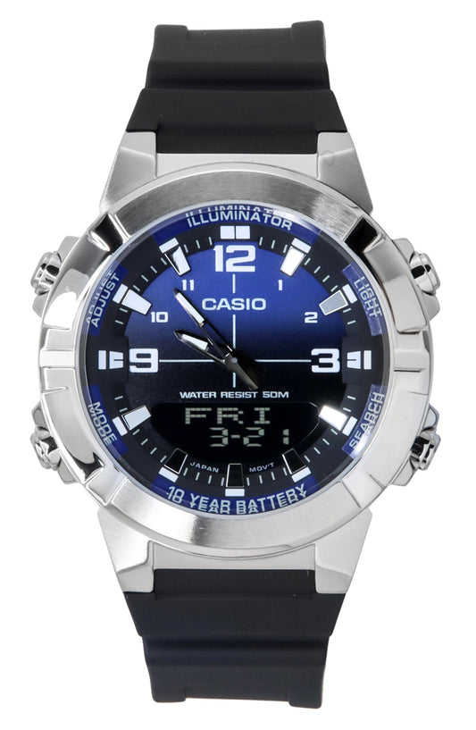 Casio Analog Digital Combination Resin Strap Blue Dial. A brand-new Casio watch featuring a Blue dial and a Stainless steel strap. Front view.