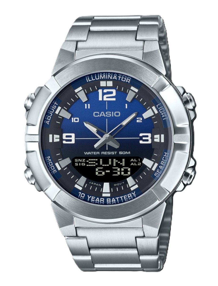 Casio Analog Digital Combination Stainless Steel Blue Dial. A brand-new Casio watch featuring a Blue dial and a Stainless steel strap. Angled view.