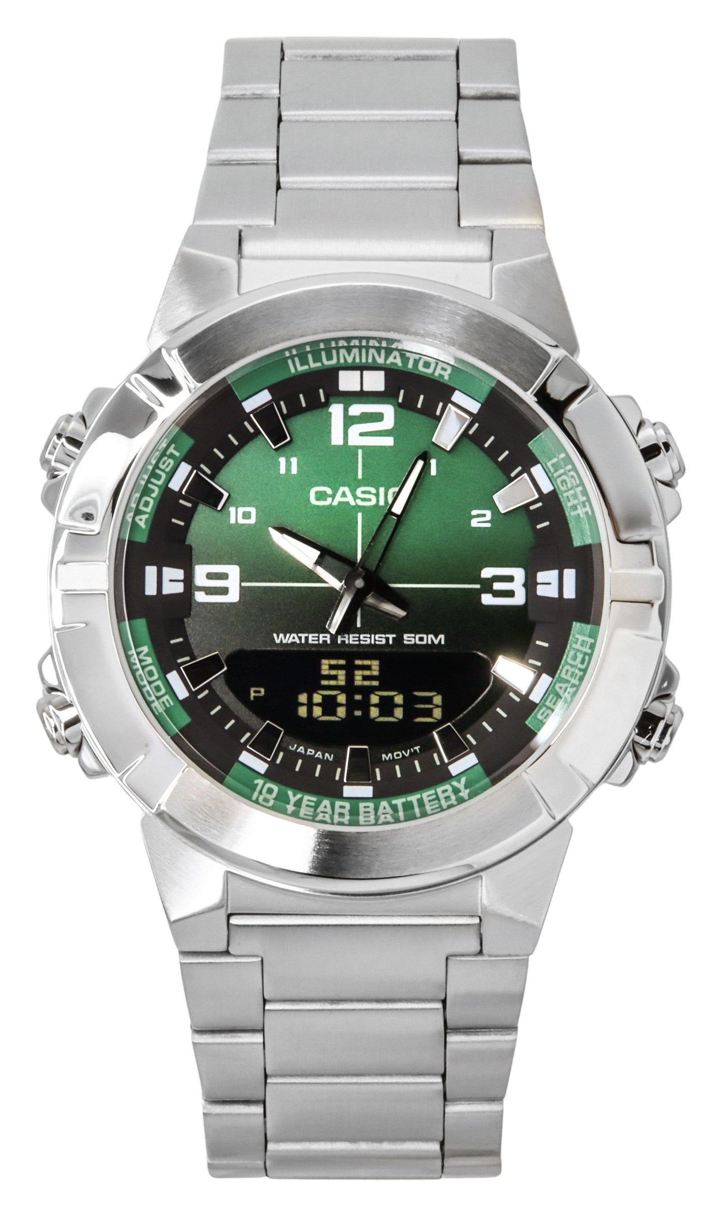 Casio Analog Digital Combination Stainless Steel Green Dial. A brand-new Casio watch featuring a Green dial and a Stainless steel strap. Front view.