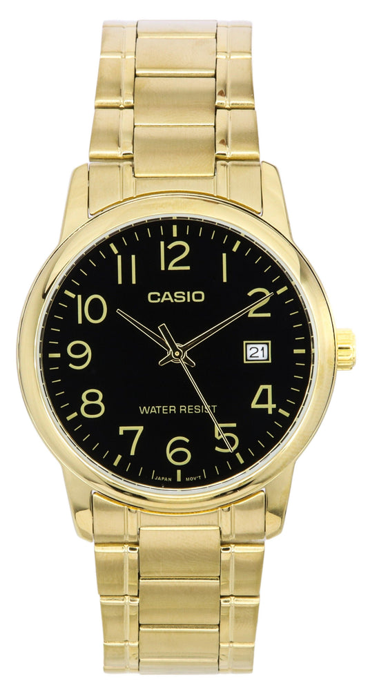 Casio Analog Gold Tone Stainless Steel Black Dial Quartz. A brand-new Casio watch featuring a Black dial and a Stainless steel strap. Front view.