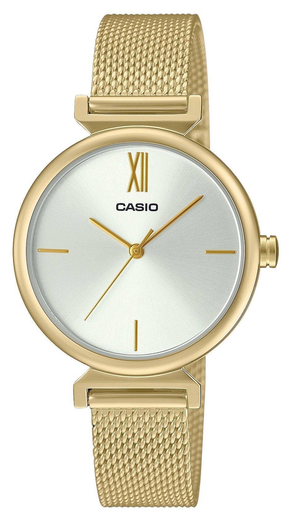 Casio Analog Gold Tone Stainless Steel White Dial Quartz Wo. A brand-new Casio watch featuring a White dial and a Stainless steel strap. Angled view.