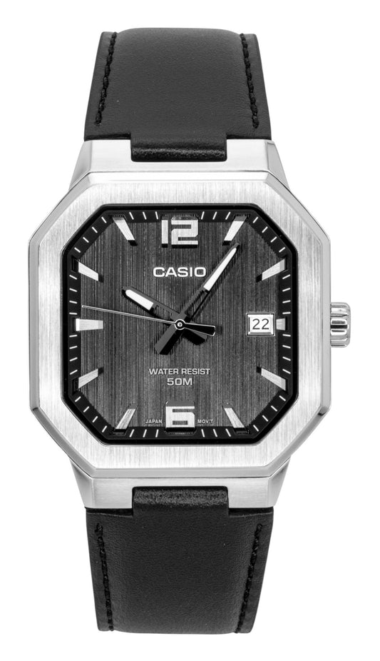 Casio Analog Leather Strap Black Dial Quartz Water Resistant. A brand-new Casio watch featuring a Black dial and a Leather strap. Front view.