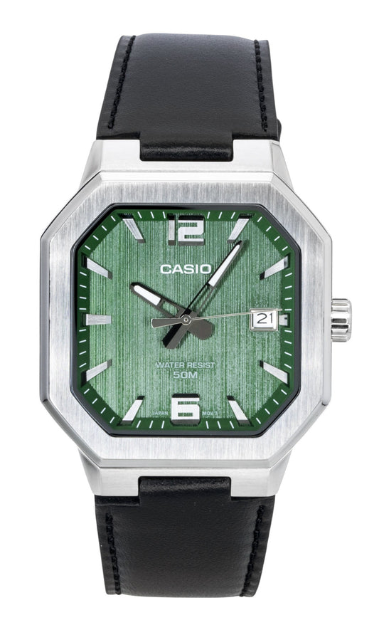 Casio Analog Leather Strap Green Dial Quartz Water Resistant. A brand-new Casio watch featuring a Green dial and a Leather strap. Angled view.