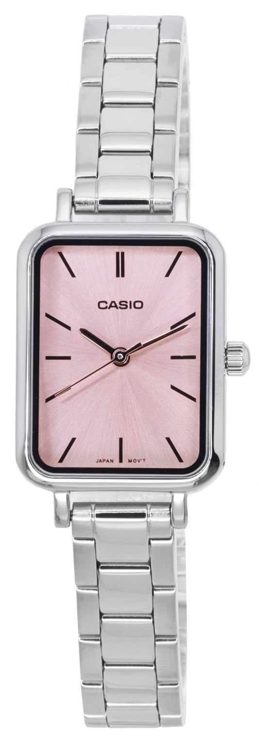 Casio Analog Pink Dial Quartz LTPV009D-4E Wo Water Resistant. A brand-new Casio watch featuring a Pink dial and a Stainless steel strap. Front view.
