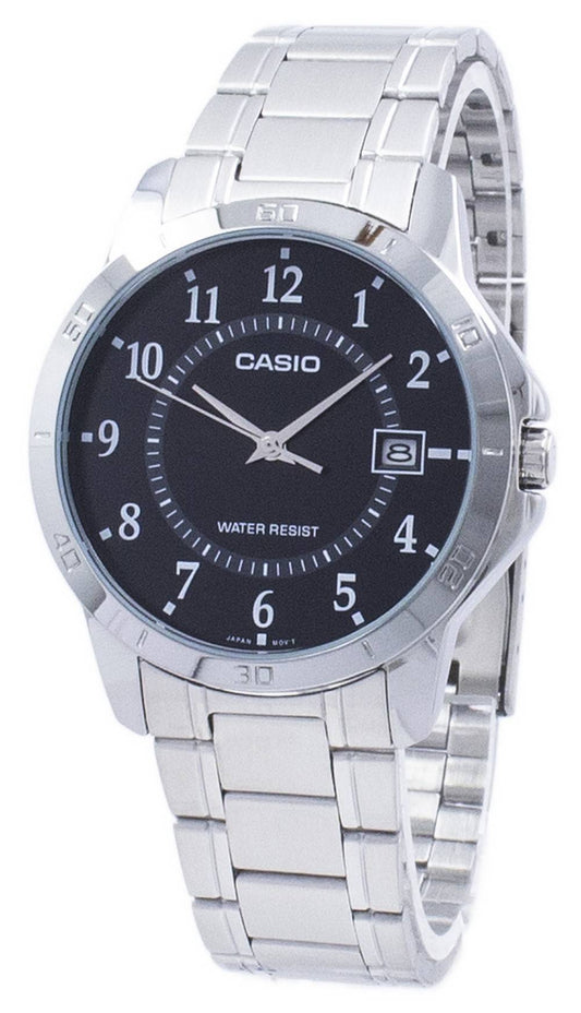 Casio Analog Quartz MTPV004D-1B Stainless Steel. A brand-new Casio watch featuring a Stainless steel strap. Angled view.