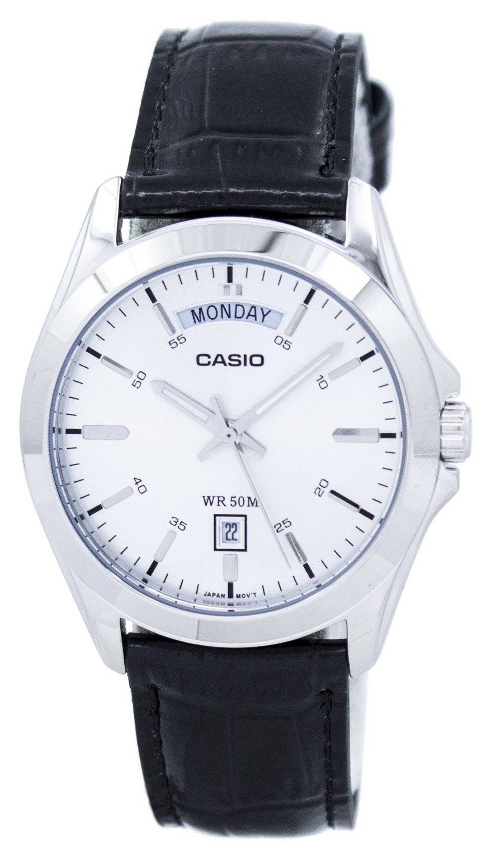 Casio Analog Silver Dial MTP-1370L-7AV Stainless Steel. A brand-new Casio watch featuring a Silver dial and a Leather strap. Side view.