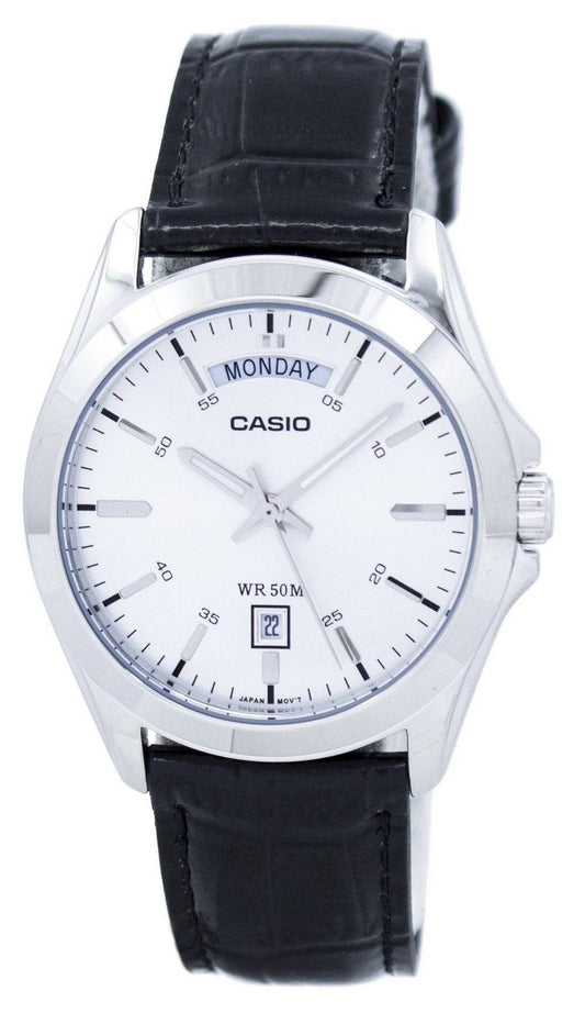 Casio Analog Silver Dial MTP-1370L-7AV Stainless Steel. A brand-new Casio watch featuring a Silver dial and a Leather strap. Side view.