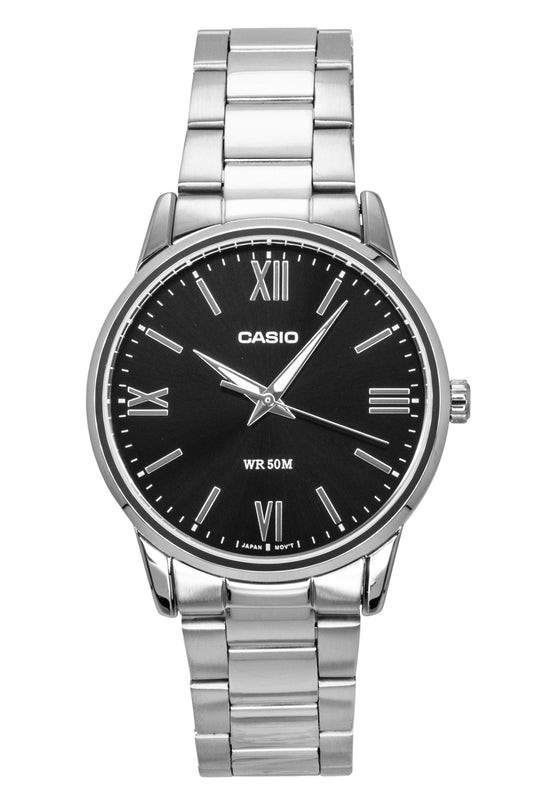 Casio Analog Stainless Steel Black Dial Quartz. A brand-new Casio watch featuring a Black dial and a Stainless steel strap. Front view.