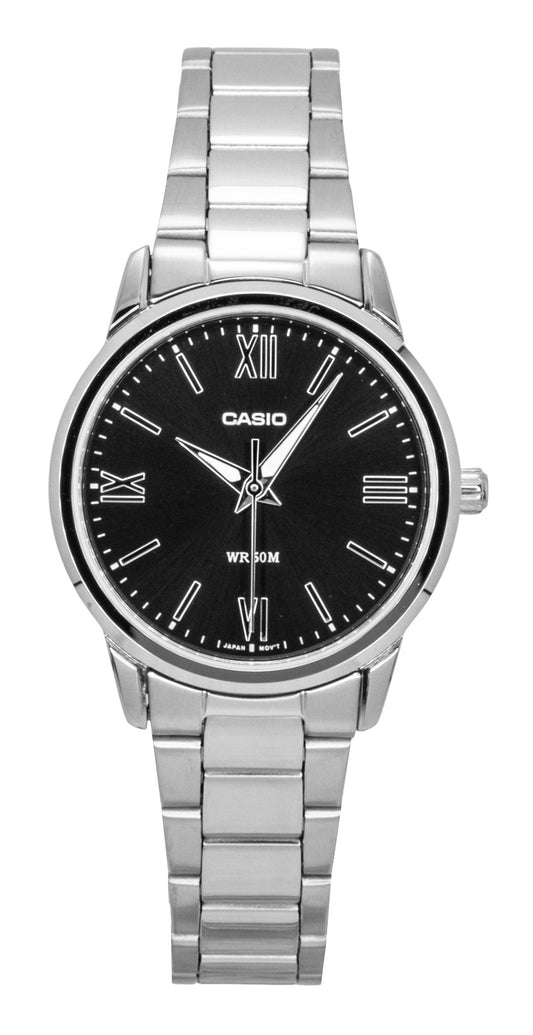 Casio Analog Stainless Steel Black Dial Quartz Wo. A brand-new Casio watch featuring a Black dial and a Stainless steel strap. Angled view.