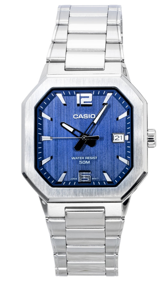 Casio Analog Stainless Steel Blue Dial Quartz. A brand-new Casio watch featuring a Blue dial and a Stainless steel strap. Angled view.