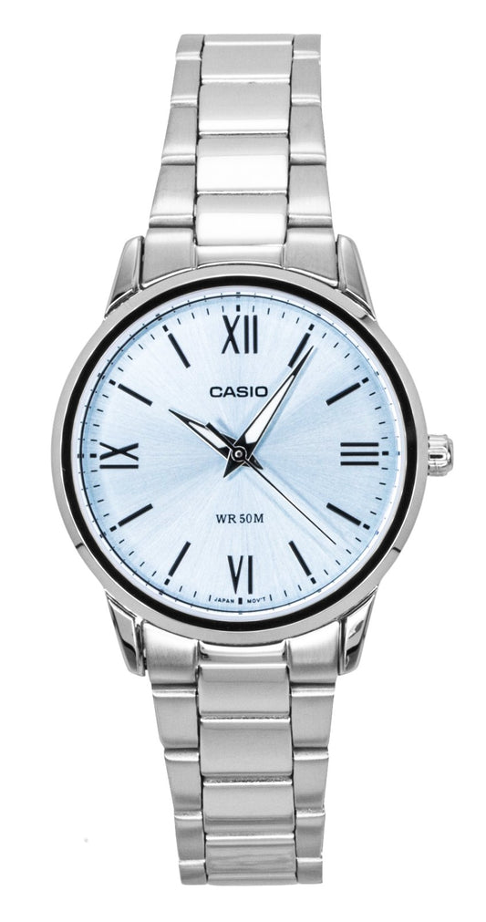 Casio Analog Stainless Steel Mint Blue Dial Quartz Wo. A brand-new Casio watch featuring a Blue dial and a Stainless steel strap. Angled view.