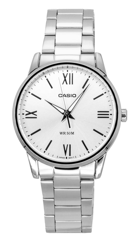 Casio Analog Stainless Steel Silver Dial Quartz. A brand-new Casio watch featuring a Silver dial and a Stainless steel strap. Front view.