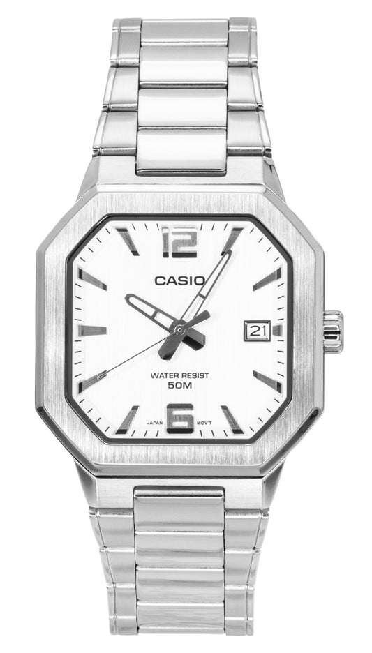 Casio Analog Stainless Steel Silver Dial Quartz. A brand-new Casio watch featuring a Silver dial and a Stainless steel strap. Side view.