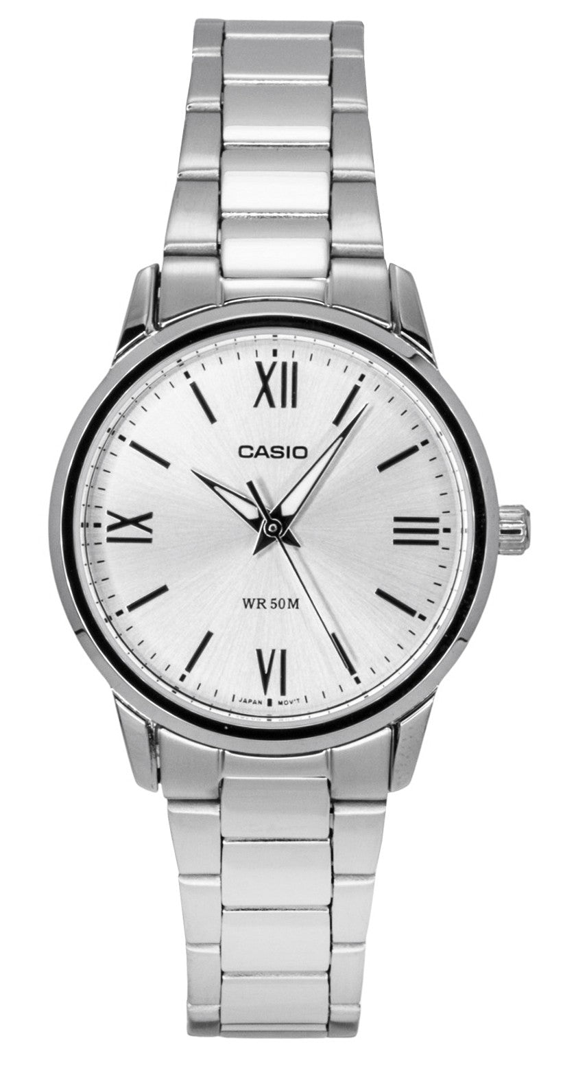 Casio Analog Stainless Steel Silver Dial Quartz Wo. A brand-new Casio watch featuring a Silver dial and a Stainless steel strap. Angled view.