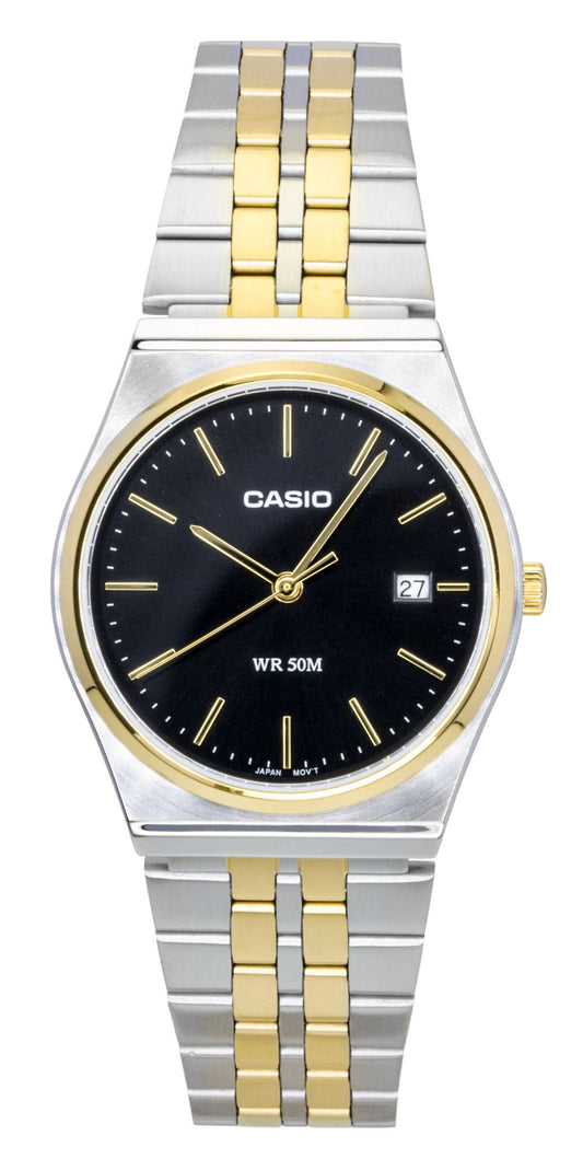 Casio Analog Two Tone Stainless Steel Black Dial Quartz. A brand-new Casio watch featuring a Black dial and a Stainless steel strap. Side view.