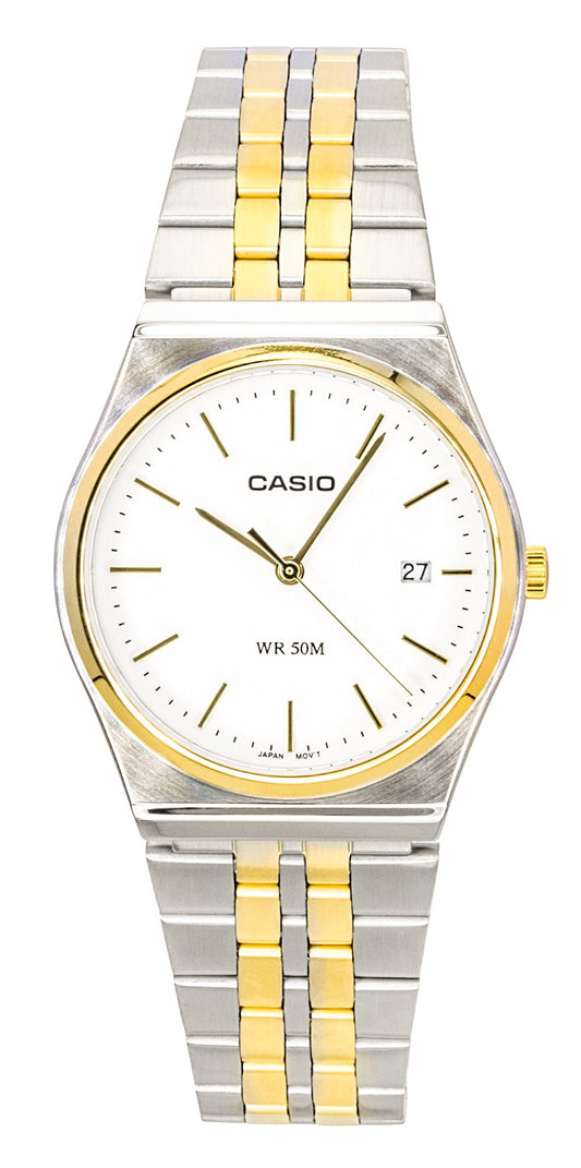 Casio Analog Two Tone Stainless Steel White Dial Quartz. A brand-new Casio watch featuring a White dial and a Stainless steel strap. Side view.