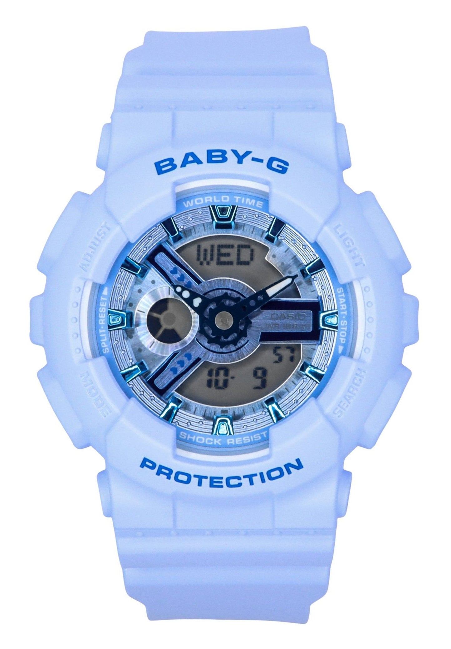 Casio Baby-G Analog Digital Blue Resin Strap Blue Dial. A brand-new Casio Baby-G watch featuring a Blue dial. Angled view.