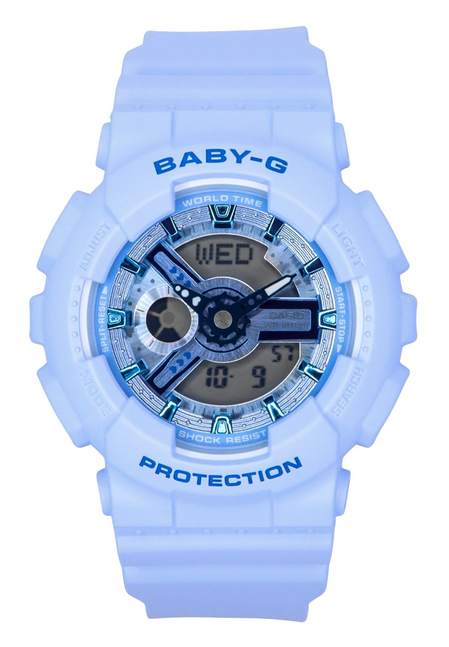 Casio Baby-G Analog Digital Blue Resin Strap Blue Dial. A brand-new Casio Baby-G watch featuring a Blue dial. Angled view.