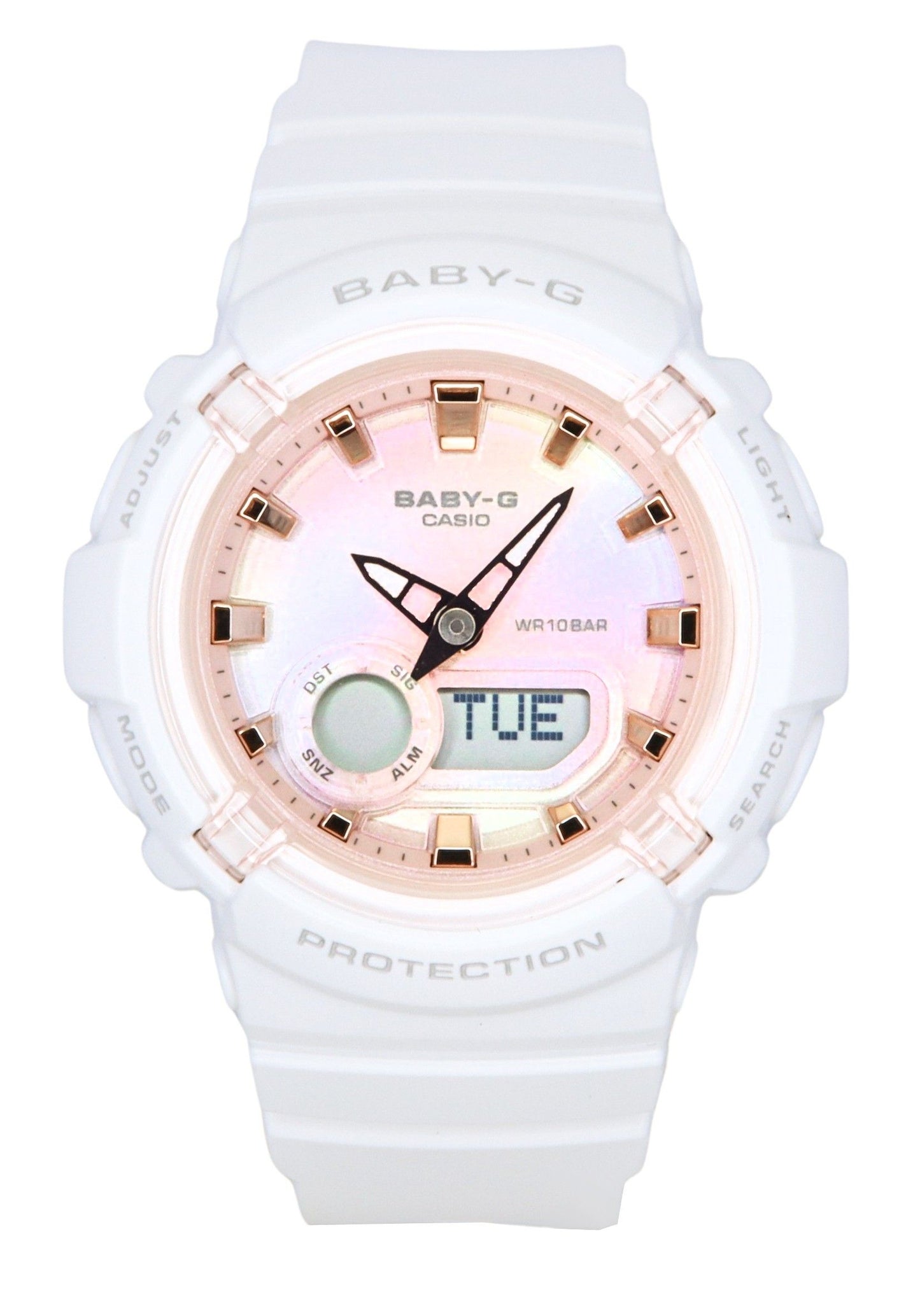 Casio Baby-G Analog Digital Resin Strap Multicolor Dial. A brand-new Casio Baby-G watch featuring a Multicolor dial. Side view.