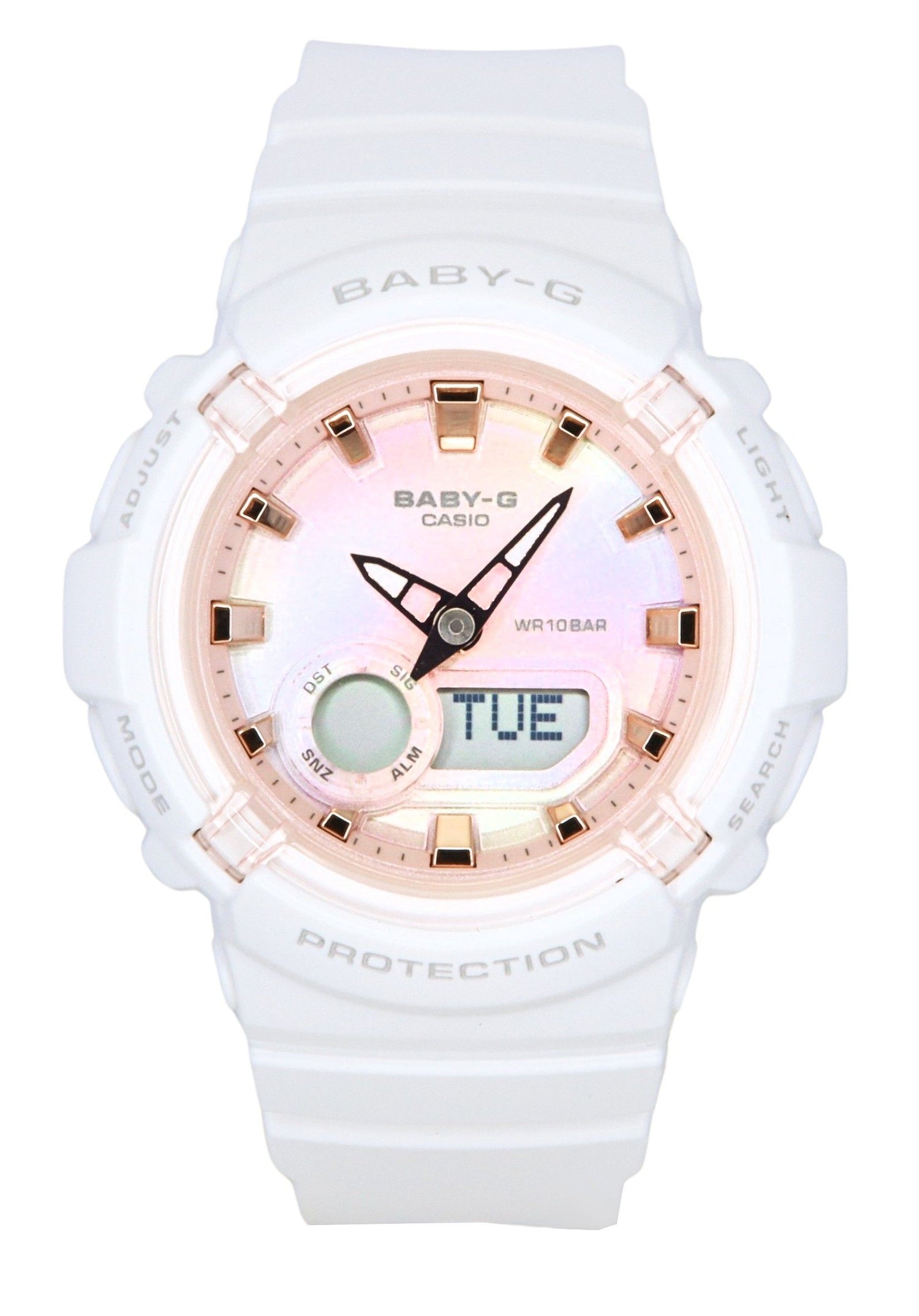 Casio Baby-G Analog Digital Resin Strap Multicolor Dial. A brand-new Casio Baby-G watch featuring a Multicolor dial. Side view.