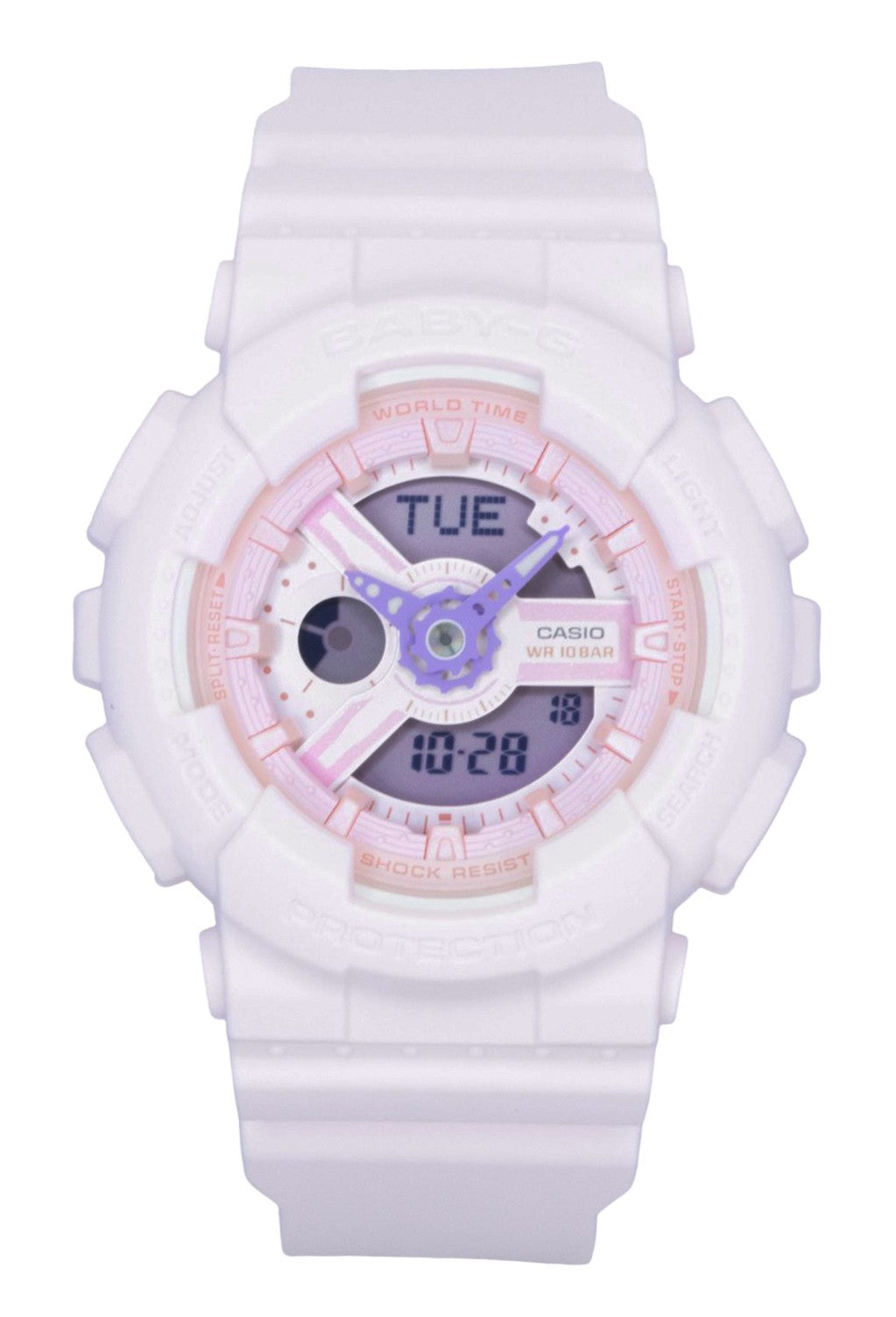 Casio Baby-G Analog Digital Resin Strap Pink Dial Quartz. A brand-new Casio Baby-G watch featuring a Pink dial. Side view.