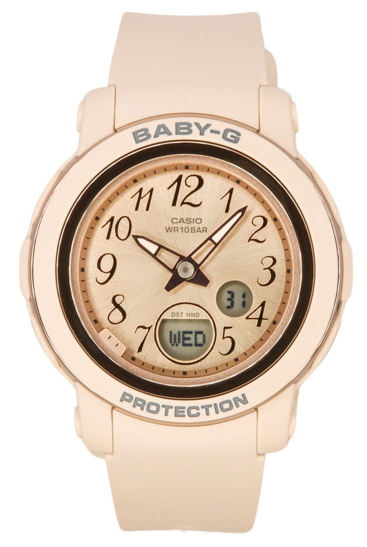 Casio Baby-G Analog Digital Resin Strap Rose Gold Dial. A brand-new Casio Baby-G watch featuring a Gold dial. Angled view.