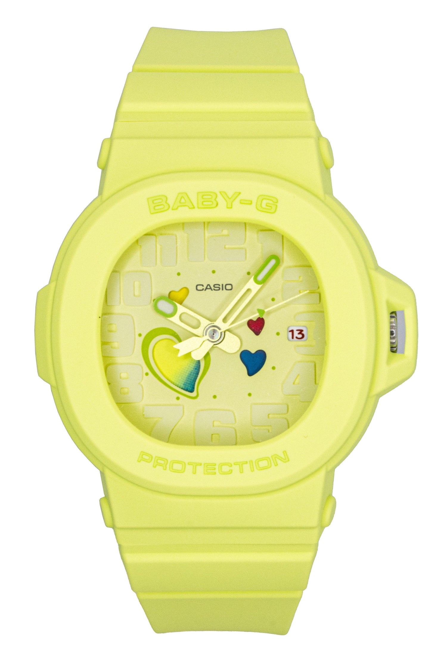 Casio Baby-G Analog Playful Hearts Series Green Dial Quartz. A brand-new Casio Baby-G watch featuring a Green dial. Side view.