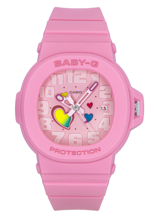 Casio Baby-G Analog Playful Hearts Series Pink Dial Quartz. A brand-new Casio Baby-G watch featuring a Pink dial. Side view.