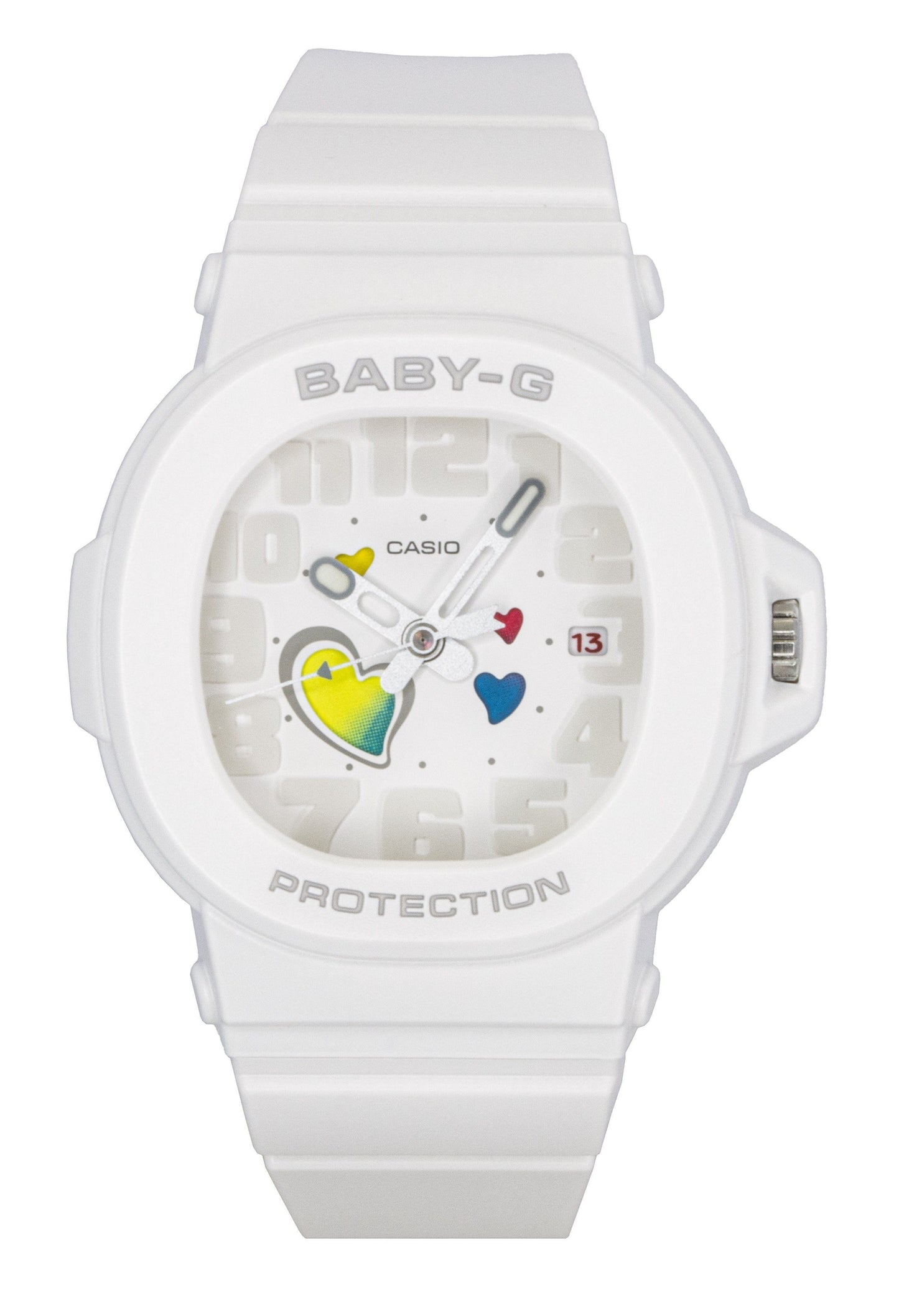 Casio Baby-G Analog Playful Hearts Series White Dial Quartz. A brand-new Casio Baby-G watch featuring a White dial. Angled view.
