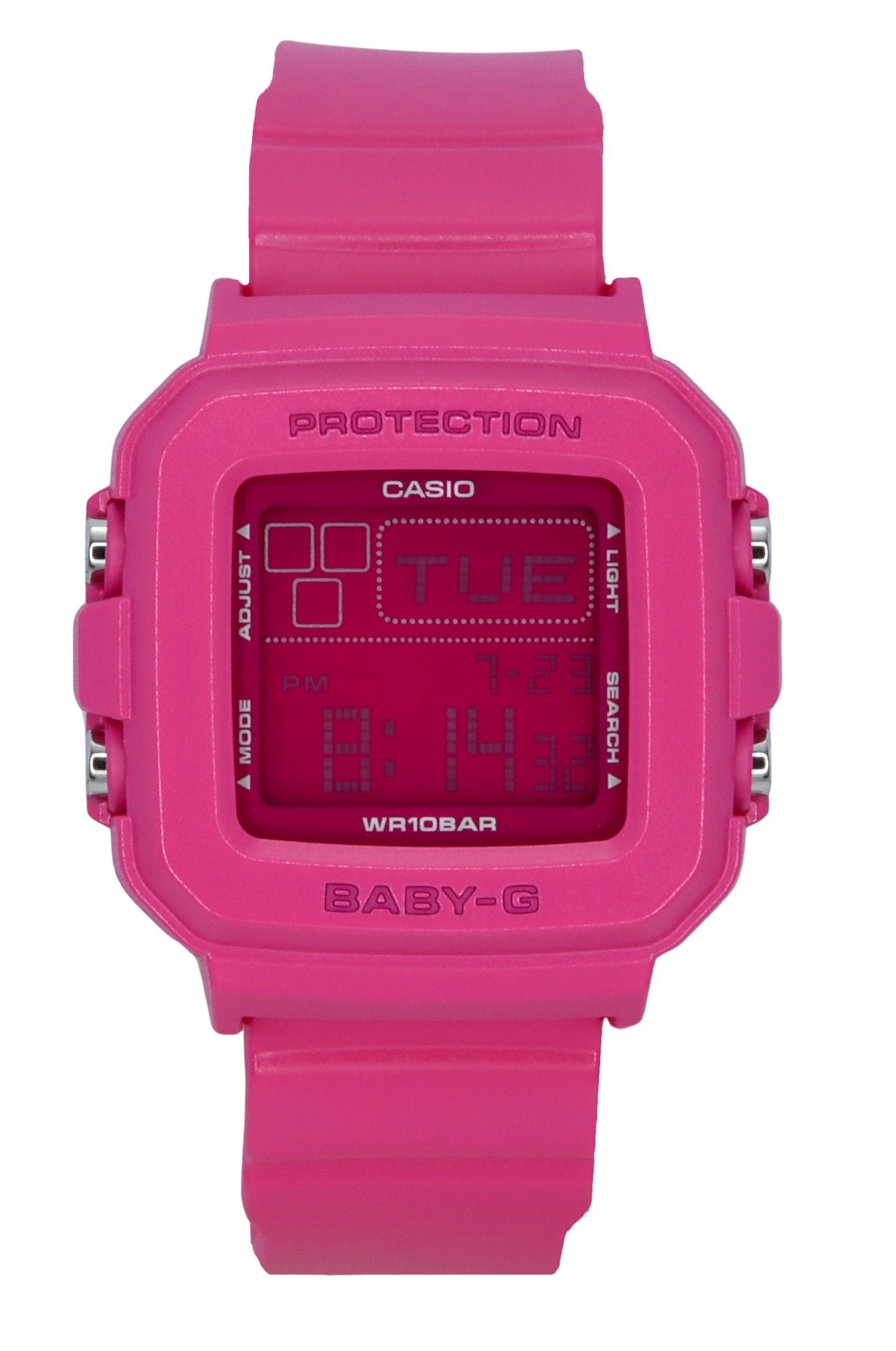 Casio Baby-G Plus Digital 30th Anniversary Pink Resin Strap. A brand-new Casio Baby-G watch. Side view.