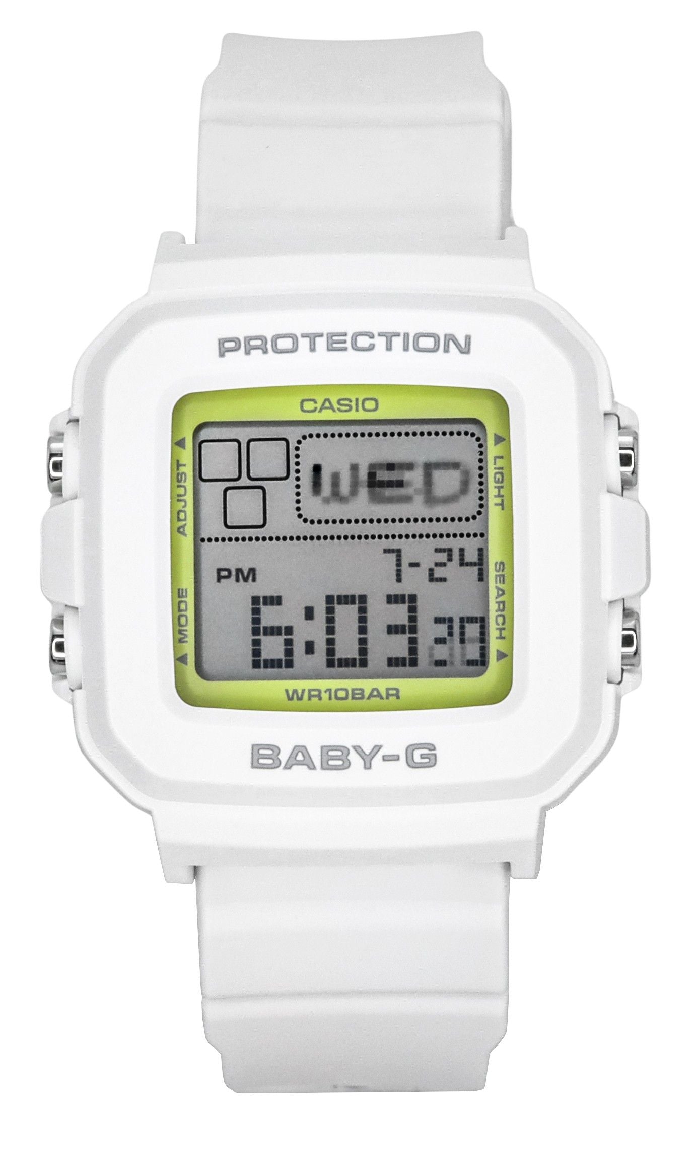 Casio Baby-G Plus Digital 30th Anniversary White Resin. A brand-new Casio Baby-G watch. Angled view.