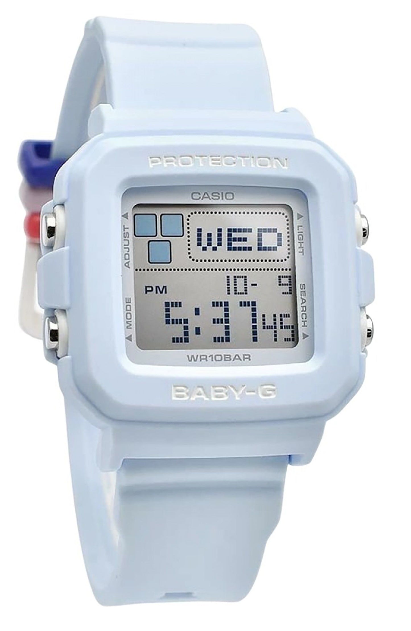 Casio Baby-G Plus Digital Light Blue Resin Strap Quartz. A brand-new Casio Baby-G watch. Angled view.