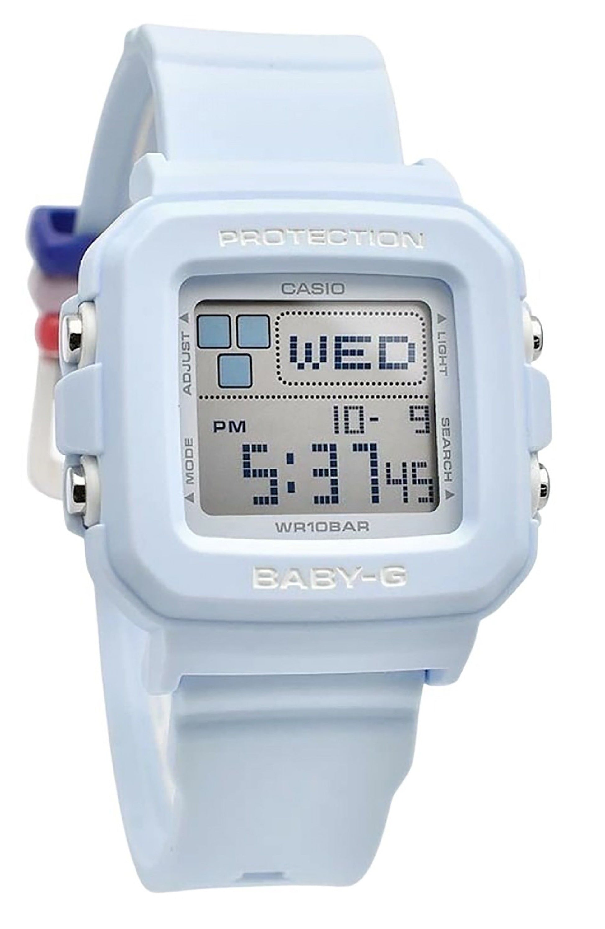 Casio Baby-G Plus Digital Light Blue Resin Strap Quartz. A brand-new Casio Baby-G watch. Angled view.